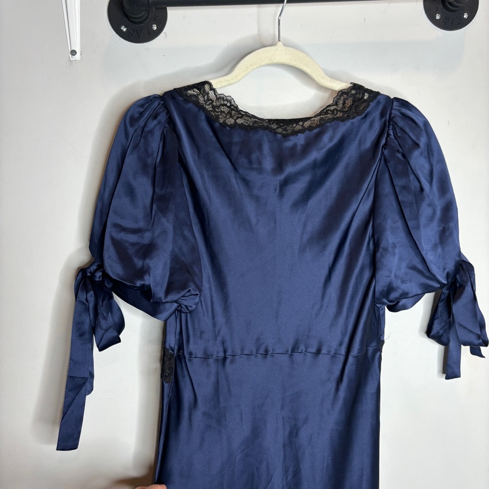Reformation Navy Satin Midi Dress with Black Lace Trim - Picture 8 of 9